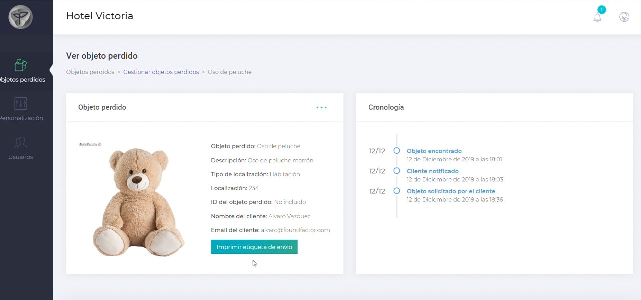 Ficha de un objeto perdido en el panel de FoundFactor, con su cronología